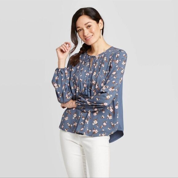 Knox Rose Floral Print Long Sleeve Split Neck Blouse - Picture 1 of 6